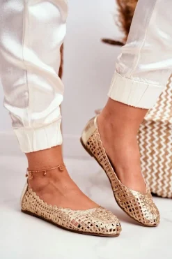 Lu Boo Damskie Baleriny Złote Ażurowe Plecione Carry