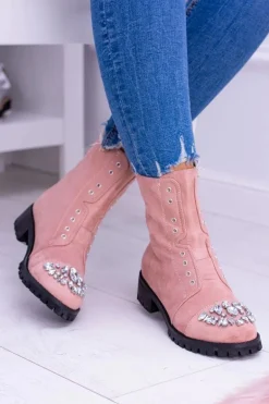 Lu Boo Damskie Botki Za Kostkę z Cyrkoniami Pudrowy Róż Carrie