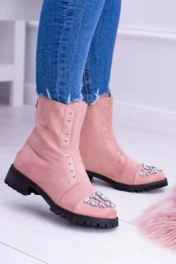 Lu Boo Damskie Botki Za Kostkę z Cyrkoniami Pudrowy Róż Carrie