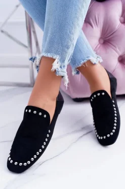 Lu Boo Damskie Czarne Lordsy Baleriny z Dżetami Planta