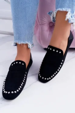 Lu Boo Damskie Czarne Lordsy Baleriny z Dżetami Planta