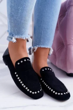 Lu Boo Damskie Czarne Lordsy Baleriny z Dżetami Planta