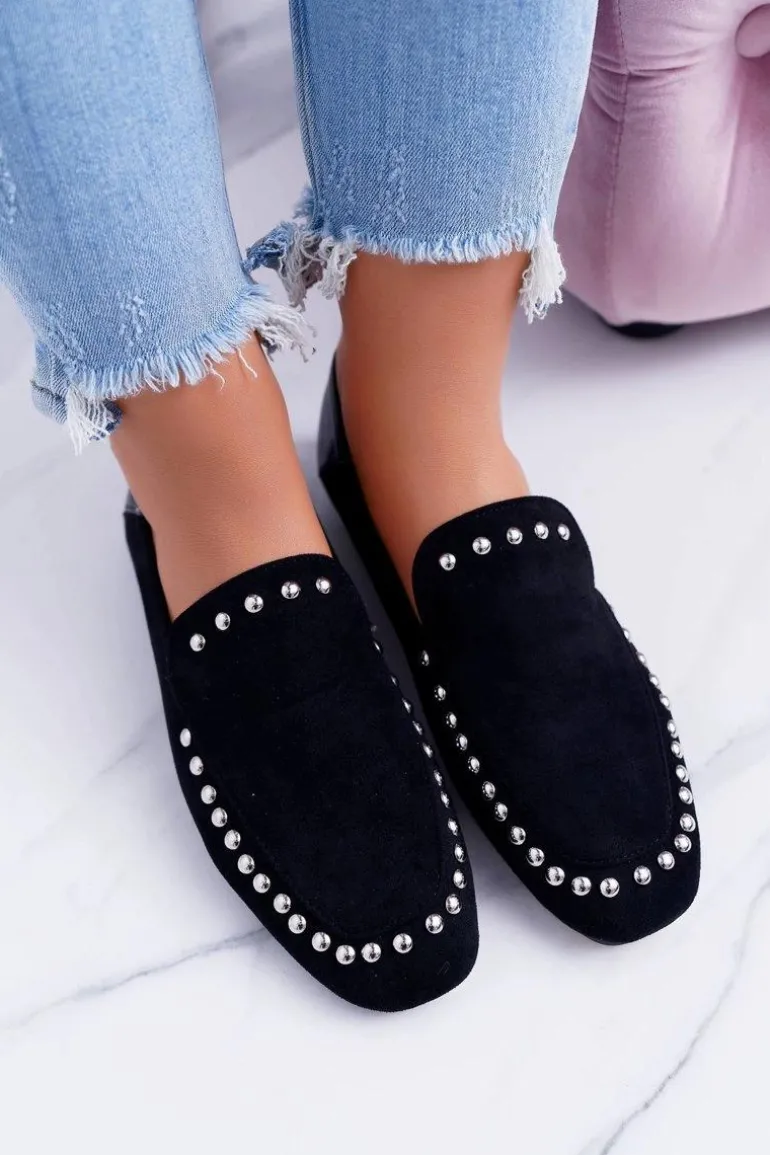 Lu Boo Damskie Czarne Lordsy Baleriny z Dżetami Planta