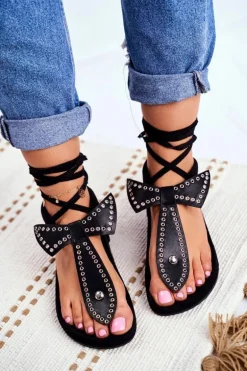 Lu Boo Damskie Czarne Wiązane Sandały Japonki Mara