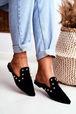 Lu Boo Damskie Klapki Czarne Zamszowe Seniorita