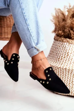 Lu Boo Damskie Klapki Czarne Zamszowe Seniorita