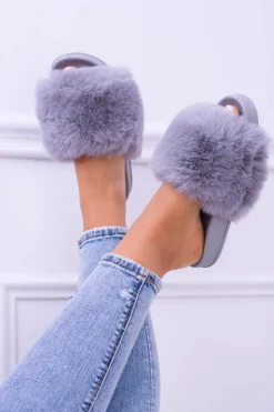 Lu Boo Damskie Klapki Z Futerkiem Szare Fur XXL