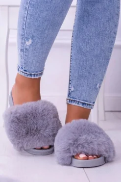 Lu Boo Damskie Klapki Z Futerkiem Szare Fur XXL