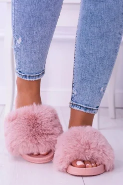 Lu Boo Damskie Klapki Z Futerkiem Różowe Fur XXL