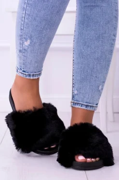 Lu Boo Damskie Klapki Z Futerkiem Czarne Fur XXL