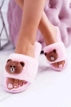 Lu Boo Damskie Pluszowe Klapki Z Misiem Teddy Różowe