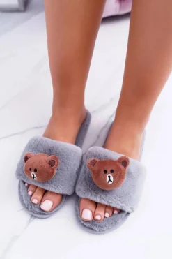 Lu Boo Damskie Szare Pluszowe Klapki Z Misiem Teddy