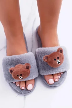 Lu Boo Damskie Szare Pluszowe Klapki Z Misiem Teddy