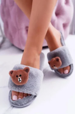 Lu Boo Damskie Szare Pluszowe Klapki Z Misiem Teddy