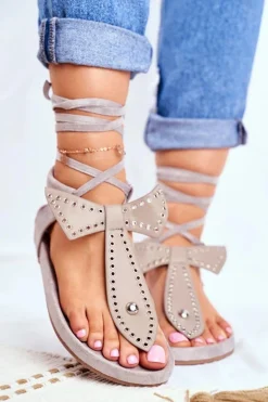 Lu Boo Damskie Szare Wiązane Sandały Japonki Mara