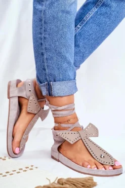 Lu Boo Damskie Szare Wiązane Sandały Japonki Mara