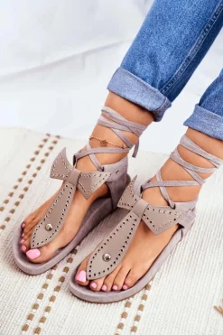 Lu Boo Damskie Szare Wiązane Sandały Japonki Mara