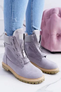 Lu Boo Damskie Szare Zamszowe Timberki Trapery Suwaki Nancy