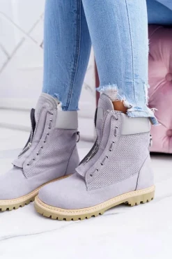 Lu Boo Damskie Szare Zamszowe Timberki Trapery Suwaki Nancy