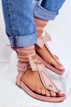 Lu Boo Damskie Wiązane Sandały Japonki Pudrowy Róż Mara