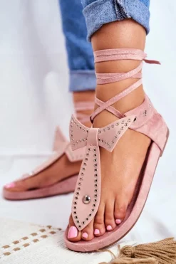 Lu Boo Damskie Wiązane Sandały Japonki Pudrowy Róż Mara