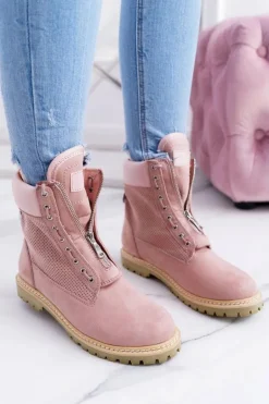 Lu Boo Damskie Zamszowe Timberki Pudrowy Róż Trapery Suwaki Nancy