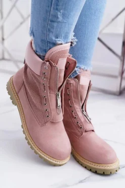 Lu Boo Damskie Zamszowe Timberki Pudrowy Róż Trapery Suwaki Nancy