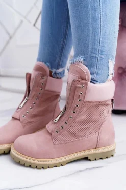 Lu Boo Damskie Zamszowe Timberki Pudrowy Róż Trapery Suwaki Nancy
