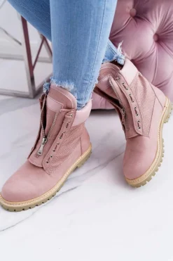 Lu Boo Damskie Zamszowe Timberki Pudrowy Róż Trapery Suwaki Nancy