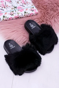 Lu Boo Dziecięce Czarne Klapki Z Futerkiem Fur XXL Poli
