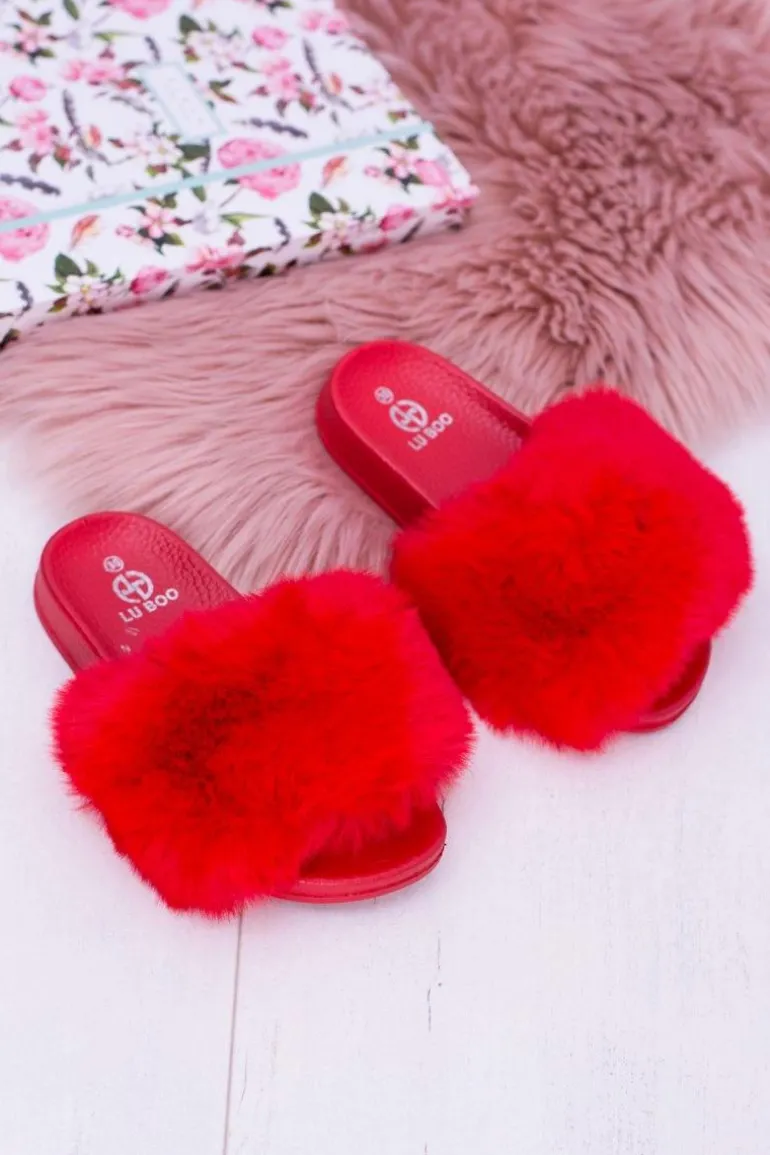 Lu Boo Dziecięce Czerwone Klapki Z Futerkiem Fur XXL Poli