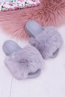 Lu Boo Dziecięce Szare Klapki Z Futerkiem Fur XXL Poli