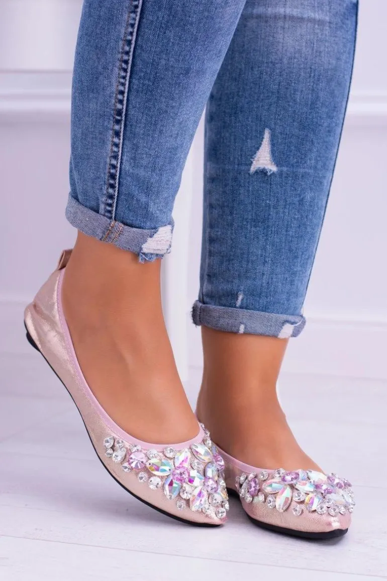 Lu Boo Różowe Balerinki na Gumce Kamienie Even