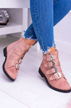 Lu Boo Różowe Botki Virginia Rock Star Nity Klamry Zamsz