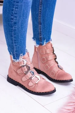 Lu Boo Różowe Botki Virginia Rock Star Nity Klamry Zamsz