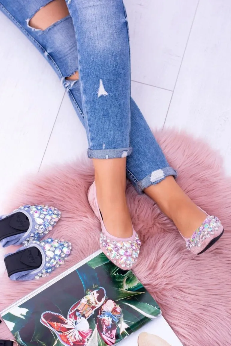 Lu Boo Różowe Zamszowe Balerinki na Gumce Kamienie Even