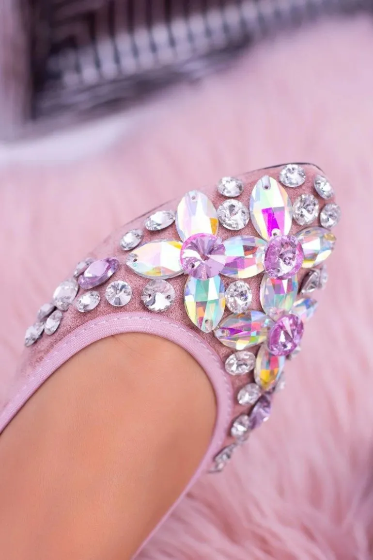 Lu Boo Różowe Zamszowe Balerinki na Gumce Kamienie Even