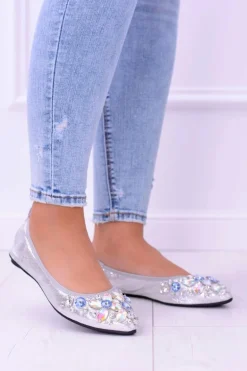 Lu Boo Srebrne Balerinki na Gumce Kamienie Even