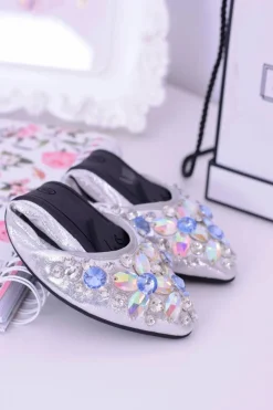 Lu Boo Srebrne Balerinki na Gumce Kamienie Even