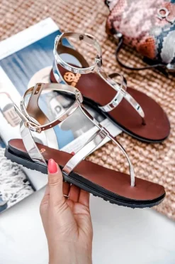 Lu Boo Srebrne Lustrzane Sandałki Rzymianki Japonki Lento