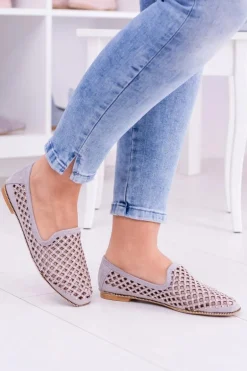 Lu Boo Szare Ażurowe Baleriny Lordsy Ćwieki Carmar