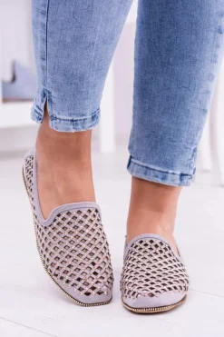 Lu Boo Szare Ażurowe Baleriny Lordsy Ćwieki Carmar