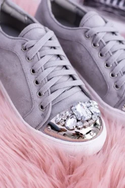 Lu Boo Szare Trampki z Błyszczącymi Kryształami