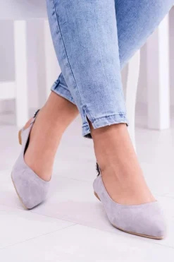 Lu Boo Szare Zamszowe Balerinki w Szpic Cyrkonie Macron