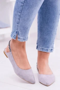 Lu Boo Szare Zamszowe Balerinki w Szpic Cyrkonie Macron