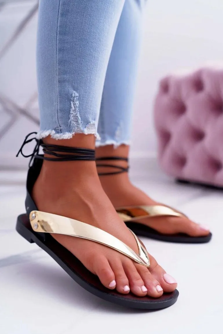 Lu Boo Wiązane Złote Lustrzane Sandały Japonki Florence