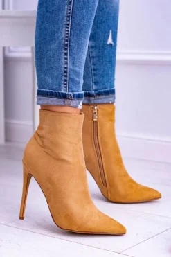 Lu Boo Zamszowe Botki na Szpilce Camel Veneci