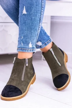 Lu Boo Zamszowe Oliwkowe Botki Z Suwakami Inez