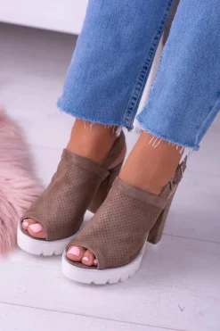 Lu Boo Zamszowe Sandały na Słupku Khaki Emare