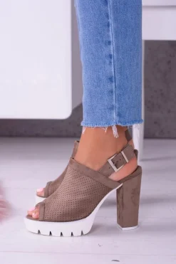 Lu Boo Zamszowe Sandały na Słupku Khaki Emare